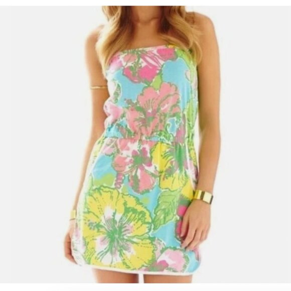 Lilly Pulitzer Strapless Lucy Romper Shorely Blue Big Flirt Floral - Picture 1 of 7